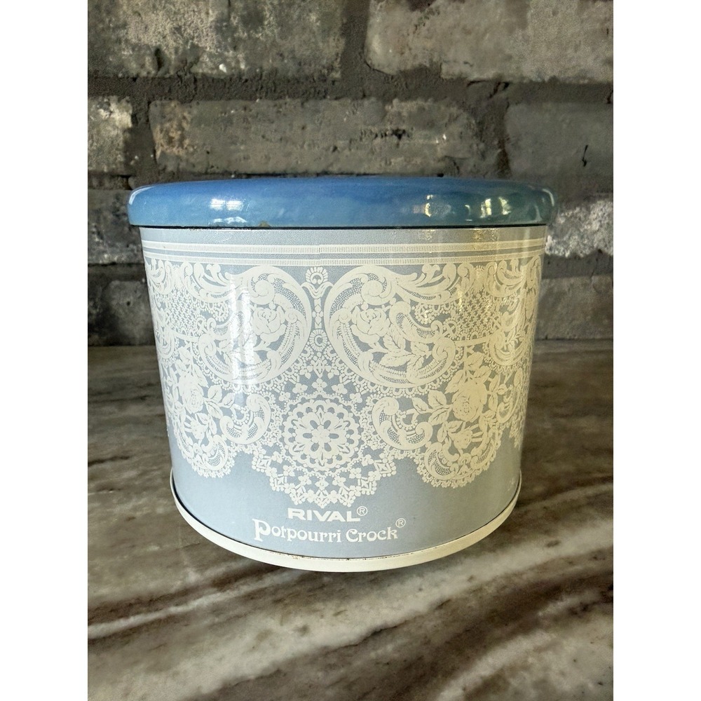 Vtg Rival Potpourri Simmer Crock Pot Blue Lace Country Cottagecore